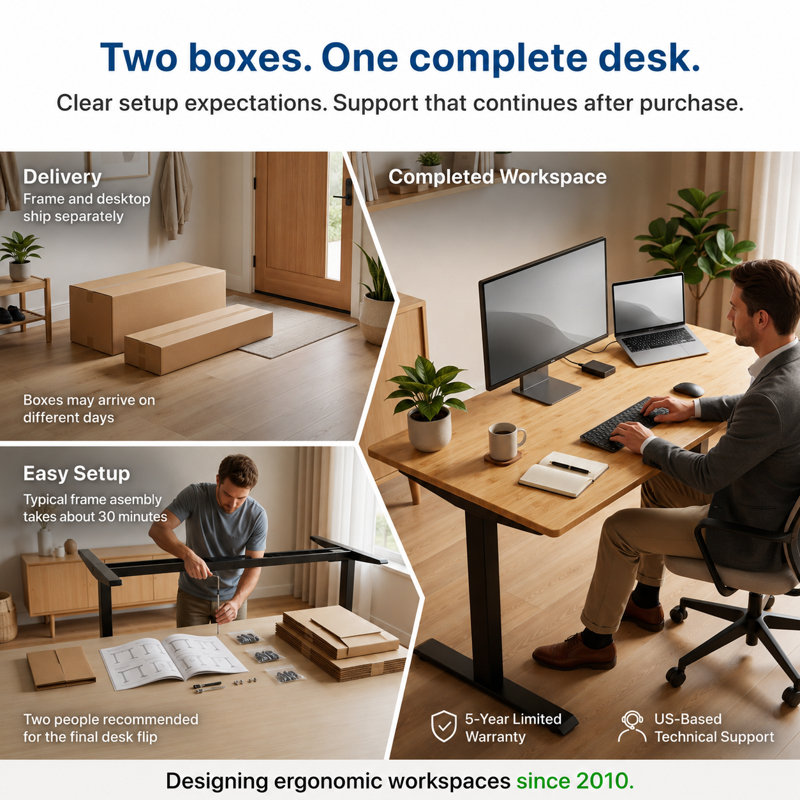 Bureau assis-debout électrique Rise Up à double moteur avec plateau en bambou, H 49,2 po x l 60 po x P 30 po