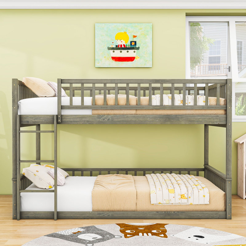 Queen Over Queen Bunk Bed With Guardrails, Gray