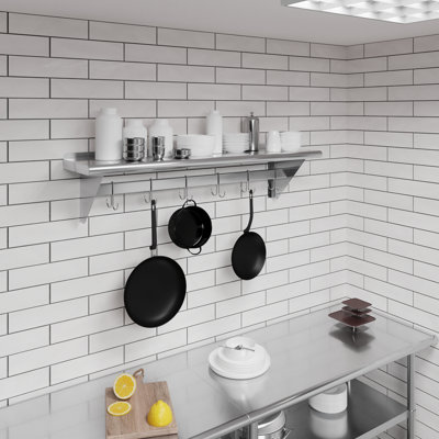 12 in. x 48 in. Stainless Steel Wall Mounted Pot Rack with Shelf and 6 Double Sided Hooks