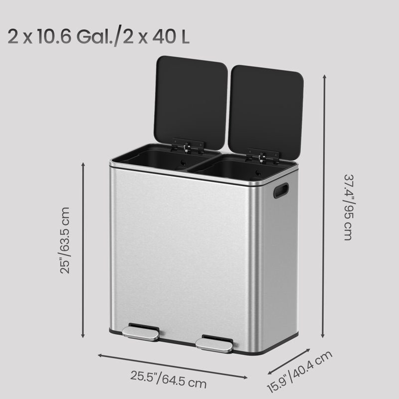 2 poubelles à compartiments 10,6 gallons avec 15 sacs poubelles, Argenté / Noir