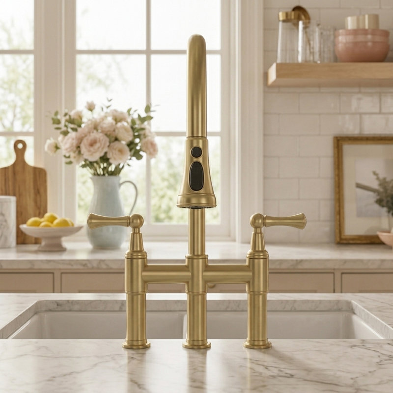 Bridge Pull Down Kitchen Faucet, 3 Hole 8 Inch Kitchen Sink Faucet, Gold