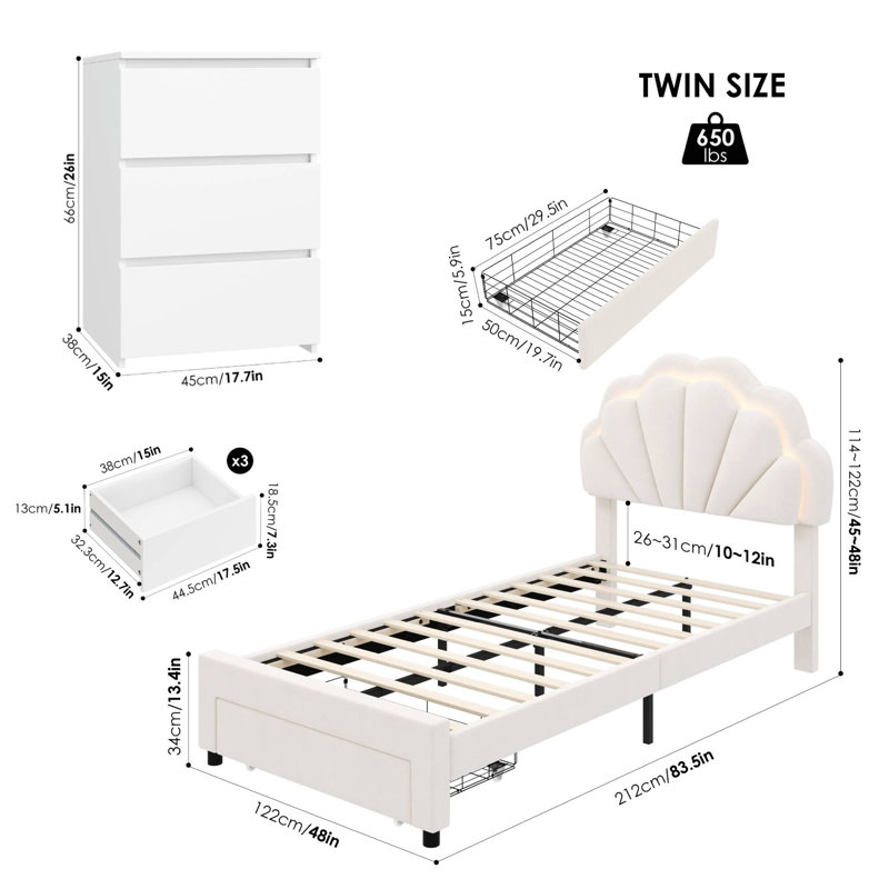 Ensemble de chambre à coucher 3 pièces, lit moderne tapissier à DEL avec tiroir et tables de chevet à 3 tiroirs avec port de charge, cadre de lit simple