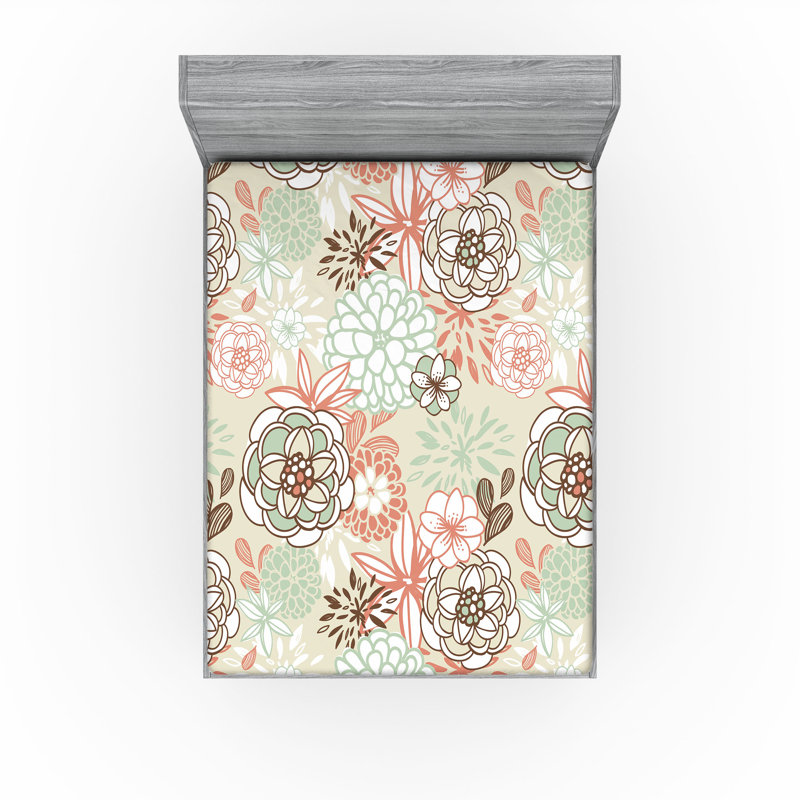 Drap-housse orange Ambesonne, Vert pâle / brun / pêche floral, Drap-housse de taille double