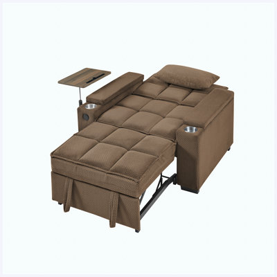 Coffee Single Sleeper Sofa Bed with 6-Position Adjustable Backrest, USB Ports, Cup Holder & Swivel Side Table