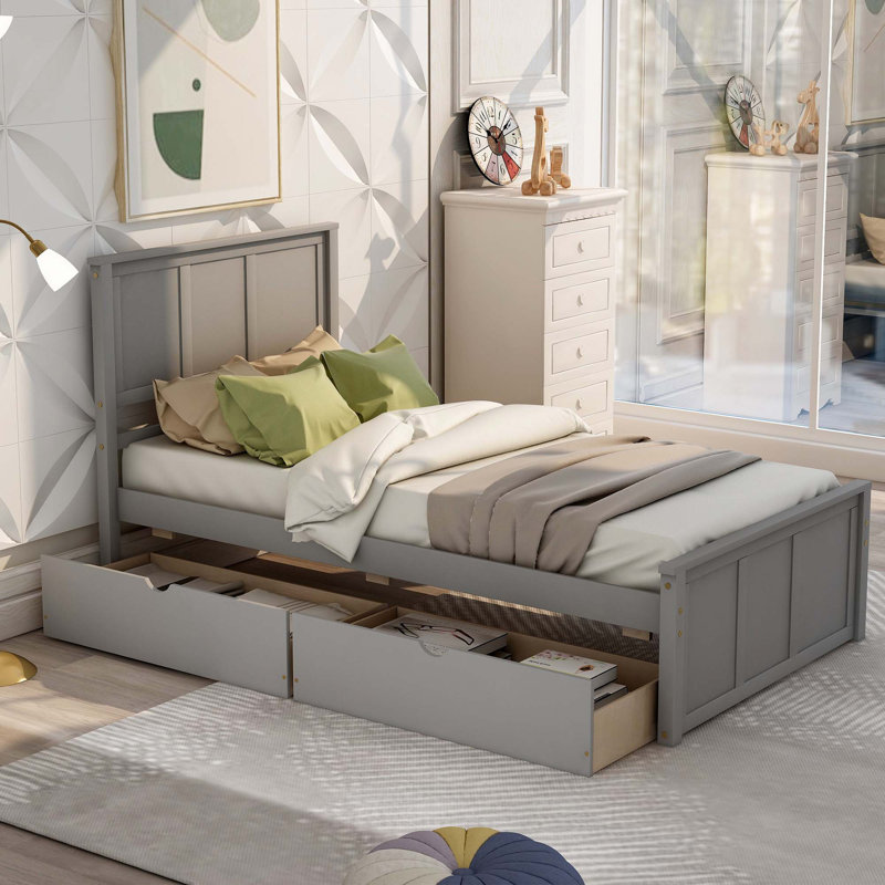 Platform Storage Bed, 2 drawers, Gray