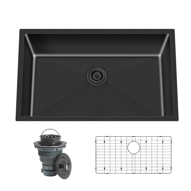 Blenzia 27 Inch Black Undermount 16 Gauge Stainless Steel Handmade Single Bowl Kitchen Sink with Strainer & Grid 27" x 18" x 9"