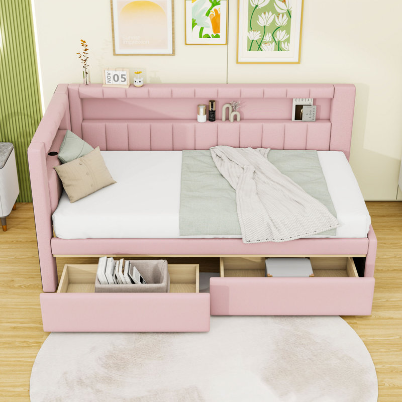 Twin-Size Upholstered Daybed with USB Charging Ports and LED Lights, Dual Drawers, Pink