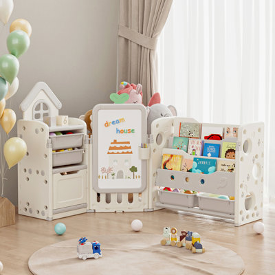 Foldable Kids Toy Storage Organizer ,With Removable Bins And 3-Tier Bookshelf For Kids Toy Storage Organizer With Drawing Board, Extra 3 Brushes
