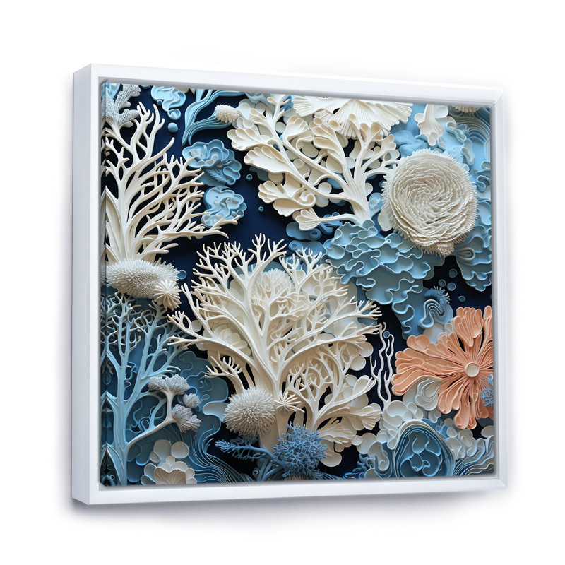 Under Water Blue and White Corals Collage I - Coastal, reproduction sur toile encadrée, Cadre flottant blanc
