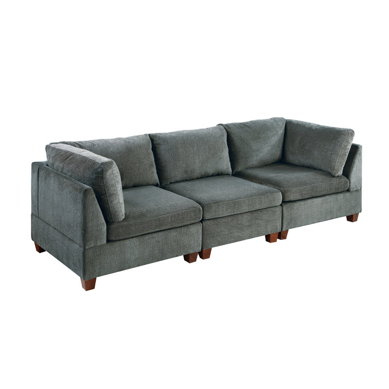 Fauteuil modulaire 3 pièces, tissu chenille gris, revêtement en bois