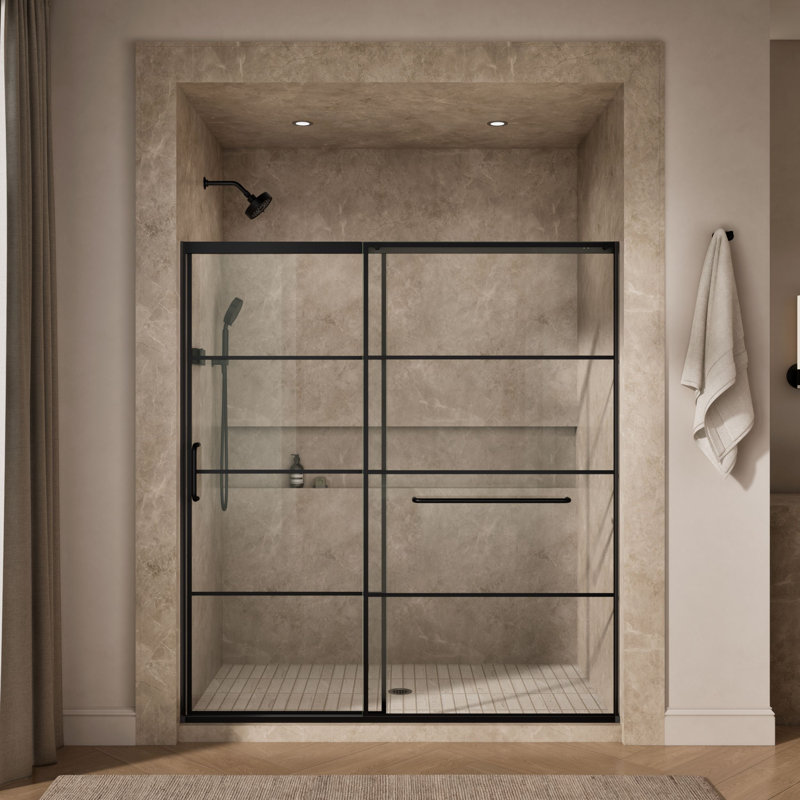 Sliding Shower Door, 75-1/2-In H X 68-1/4 - 71-5/8-In W, Crystal Clear w/Rectangular Grid