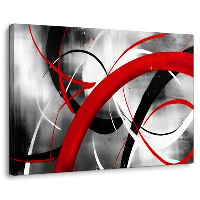 Modern Abstract Lines Canvas Wall Art - Interwoven Red, Black & Gray Design, 24"x36" Gallery Wrapped