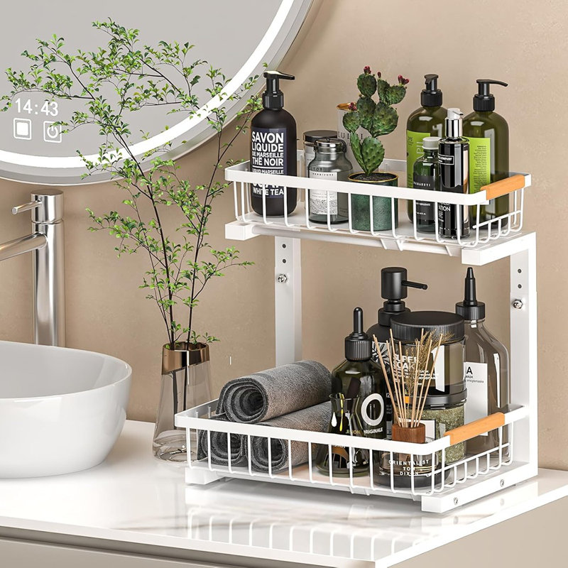 2-Tier Under Sink Pull-Out Organizer, Height-Adjustable Metal Drawers For Kitchen Or Bathroom (1-Pack)