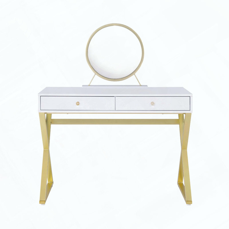 Rectangular Vanity Desk with Mirror and Jewelry Tray, White and Gold