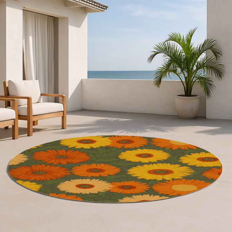 Tapis d'intérieur et d'extérieur brun Botanical, Rond 5 pi