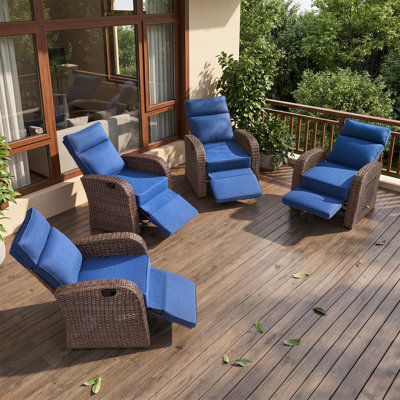 Outdoor Wicker Swivel Rocking Recliner Chair with Adjustable Backrest, Footrest & Side Tray(Set of 4)