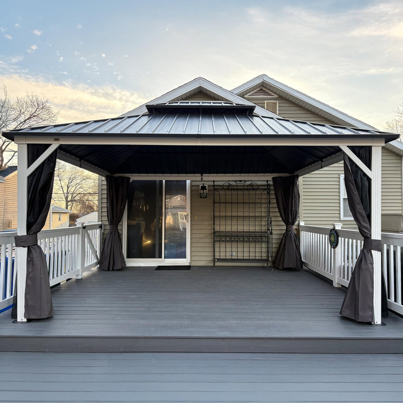 Purple Leaf 12' X 14' Hardtop Gazebo Outdoor Double Roof Gazebo White Aluminum Frame Pavilion With Curtain And Netting For Patio, Garden And Backyard, Grey