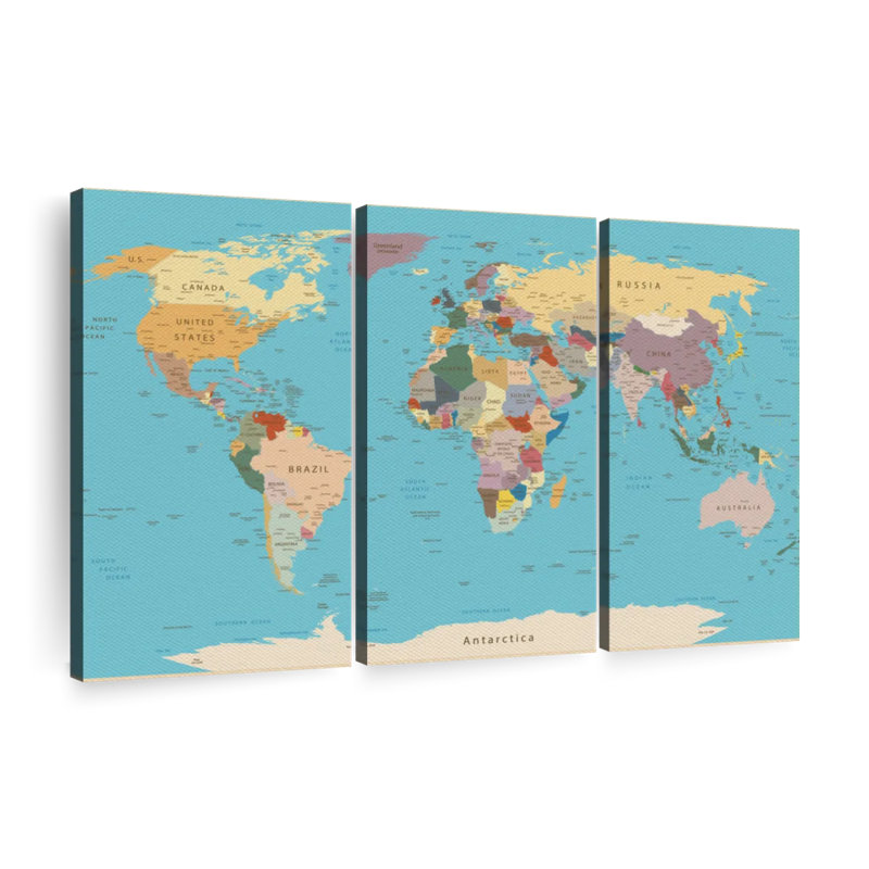 Carte détaillée du monde sur toile, ensemble de 3 pièces, H 24 po x l 38 po x P 1,25 po