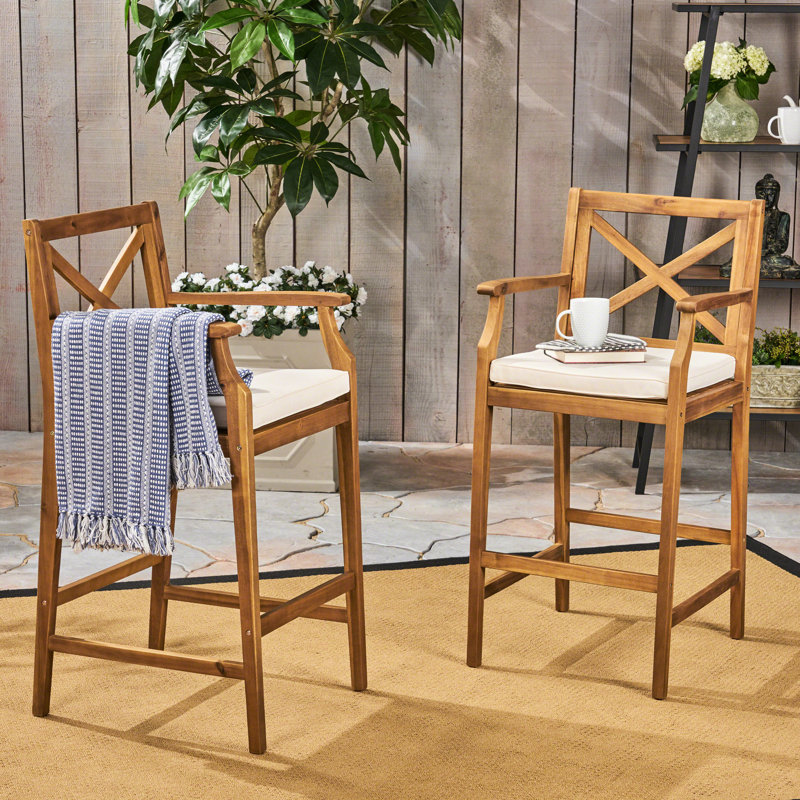 2 pièces d'extérieur, structure en bois, eau, paire de tabourets de bar 46,37 po - dossier croisé charmant, coussin d'eau, hauteur, assemblage