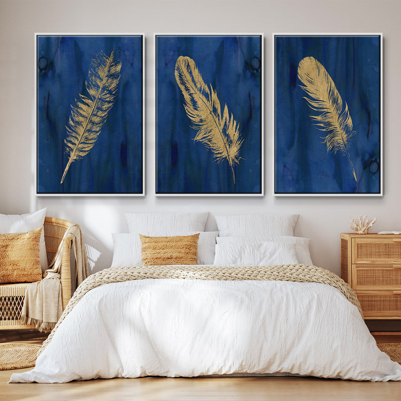 Golden Feather I, ensemble de 3 toiles encadrées sur toile, Cadre blanc, H 36 po x l 72 po