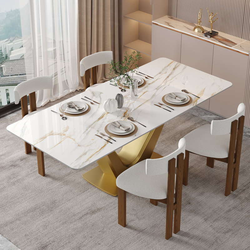 71" Modern Rectangular White Dining Table For 8,  Stainless Steel V-Shaped Legs, Glossy Faux Marble Table for Diningroom