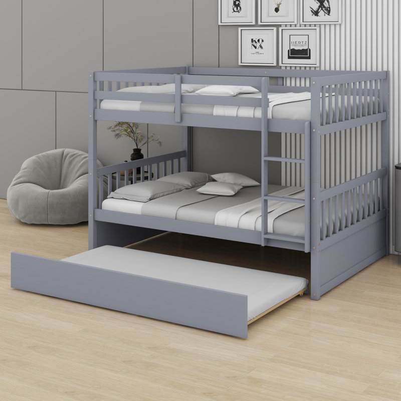 Lit superposé multifonctionnel en bois avec lit gigogne, échelle, garde-corps et conception convertible, Gris