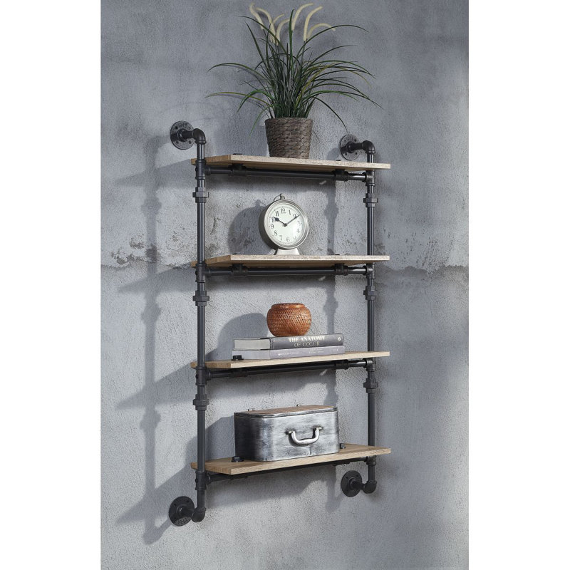 Brantley Oak & Sandy Black Finish Wall Rack W/4 Shelves