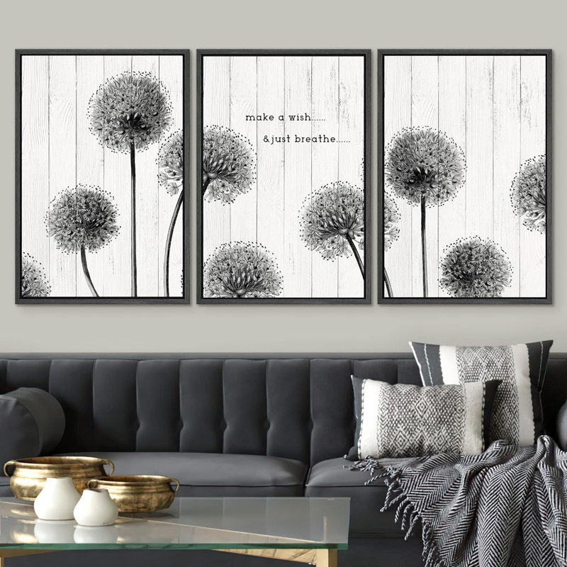 Panneau de bois style fleurs de pissenlit foncé, impression sur toile, 3 pièces, Noir, H 24 po x l 48 po x P 1,5 po