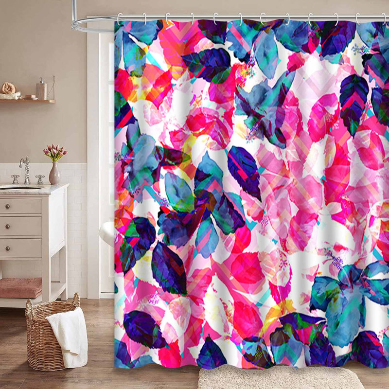 Feuilles colorées en zigzag rose, feuillage blanc, monochrome sans soudure, tropical avec 12 crochets, L 72 po x l 78 po
