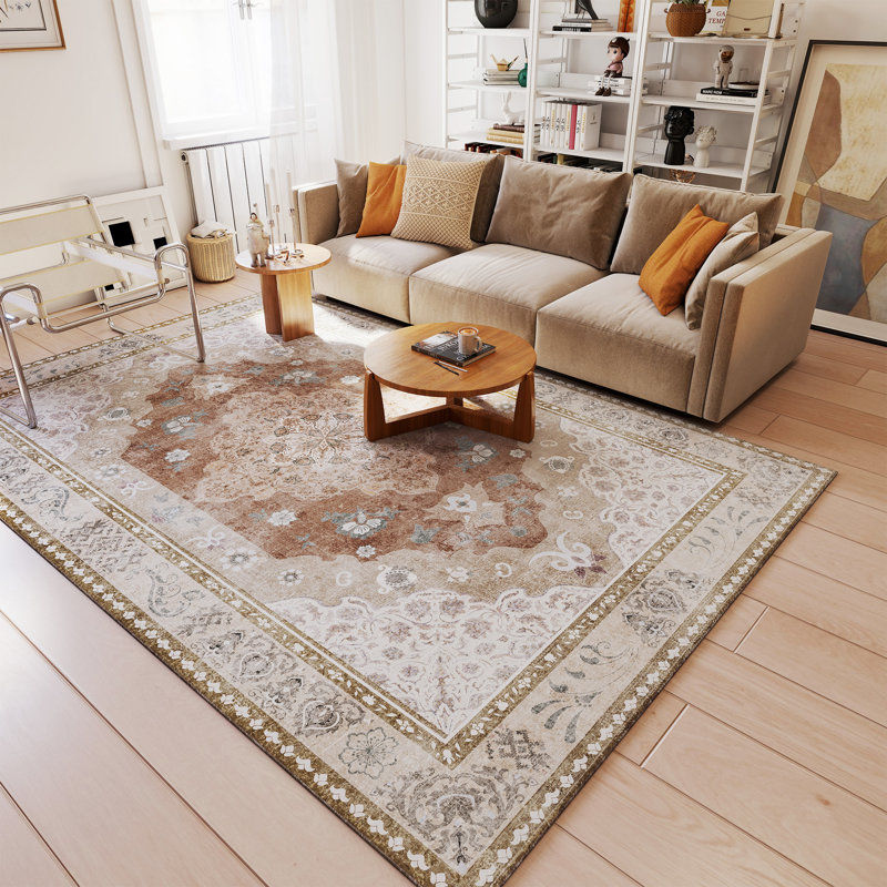 Living Room Rug 8x10 ft Light Brown Area Rug Machine Washable Rug, Non Slip Vintage Rug Stain Resistant Indoor Large Carpet for Bedroom, Boho Rug, Distressed Retro Floor Rug for Classroom, Dorm, Dining Room