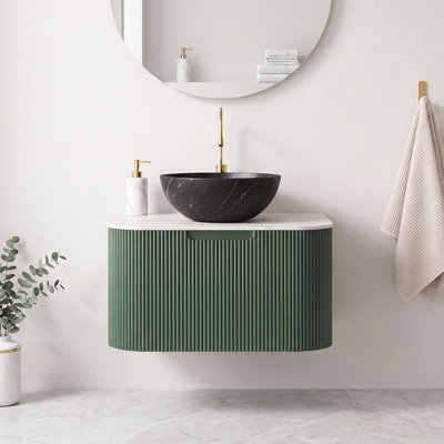 Meuble-lavabo mural de 24 po en contreplaqué avec lavabo en céramique noir mat en céramique, plateau en pierre frittée blanc de Carrare, armoire de rangement à bords arrondis et à bordures flottantes avec tiroir (pré-assemblé)