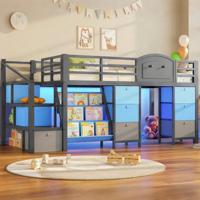 Kids Low Loft Bed with 9 Storage Drawers and 3 Tiers Bookshelf LED Under-bed Play House Harriet Bee by Harriet Bee