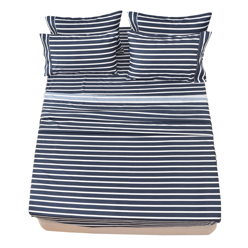 Microfiber Striped Sheet Set, Navy/White, Queen Sheet Set + Fitted Sheet + 4 Pillowcases