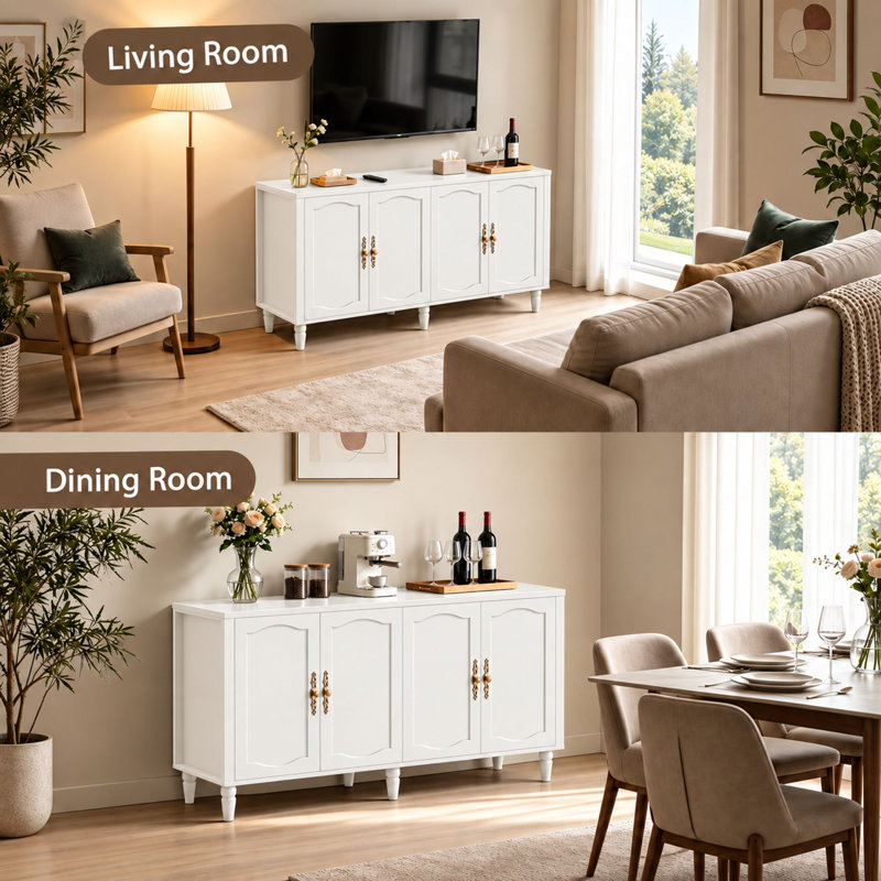 Buffet de cuisine de 160 cm de large avec 4 portes et tablettes ajustables, White