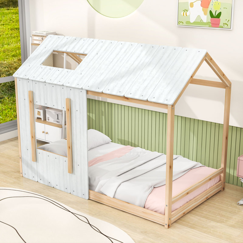 Lit plateforme simple en forme de maison avec toit et fenêtre, Blanc/naturel