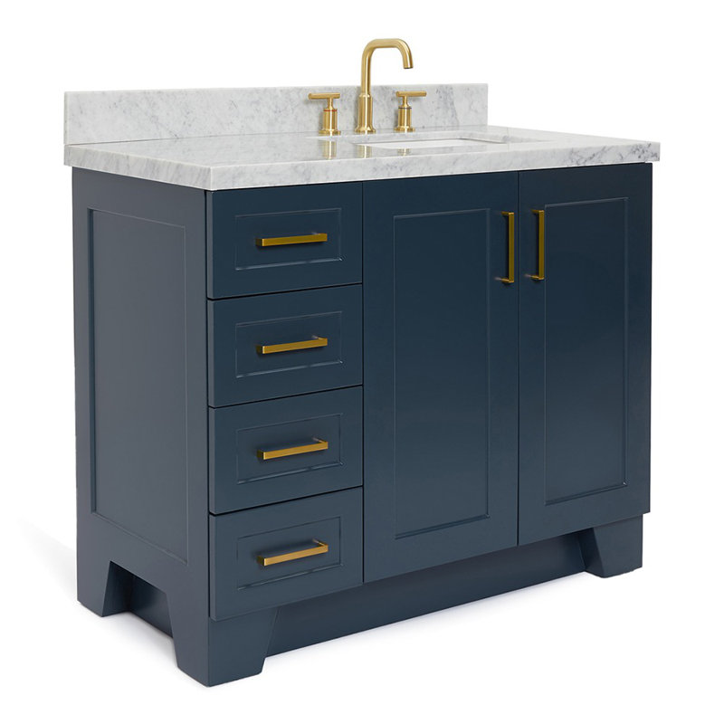 Meuble-lavabo simple en bois massif 43 po avec comptoir en marbre de Carrare 1,5 po Freitas de Freitas, Bleu minuit, Oui