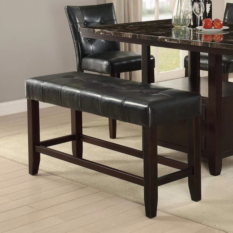 Dining Room Counter Height Bench - Faux Leather Seat With Wood Support Classic Style Black And Brown Upholstered Cushion Wooden Base Comfort