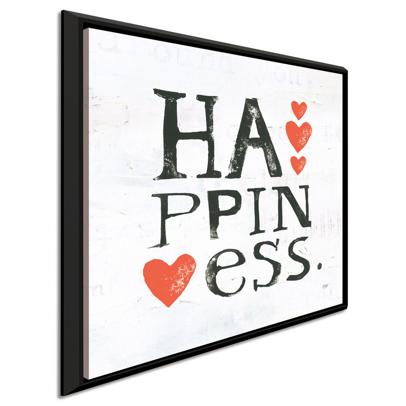 «Happiness», art textuel, H 39,5 po x l 39,5 po x P 2 po, Cadre flottant noir