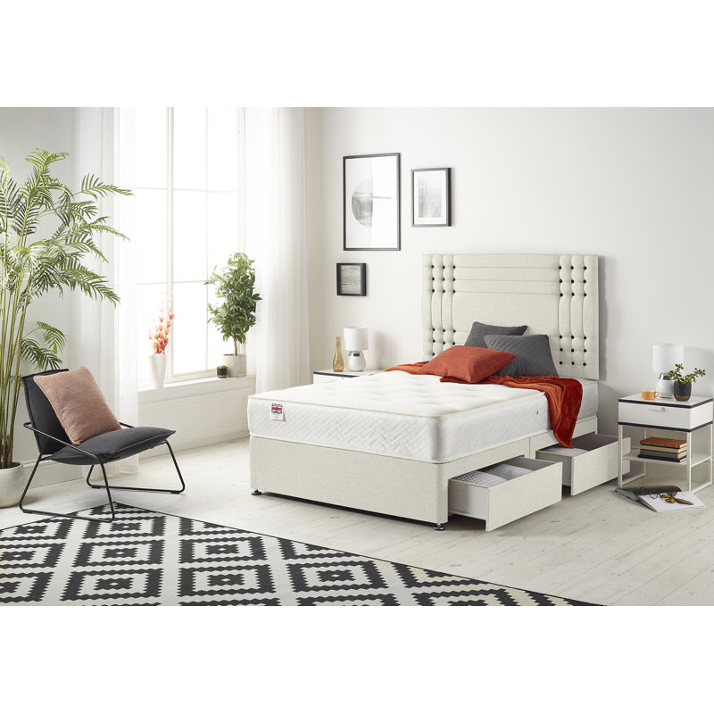 Dennishia Sprung Memory Foam Divan Bed Set with Headboard, Double (4'6), Ivory, 4 Drawers