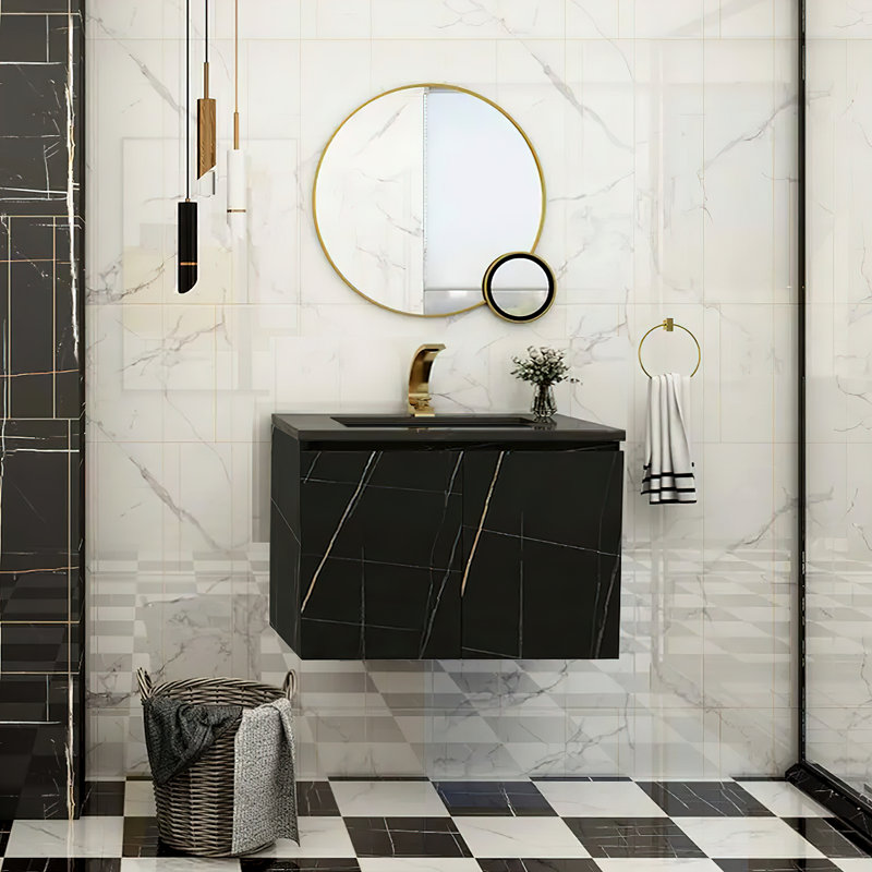 Meuble-lavabo mural moderne 27,6 po avec lavabo intégré et rangement noir