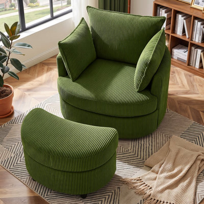 Corduroy Upholstered Swivel Barrel Accent Chair with Hidden Storage Ottoman, Round Lounge Chair for Living Room