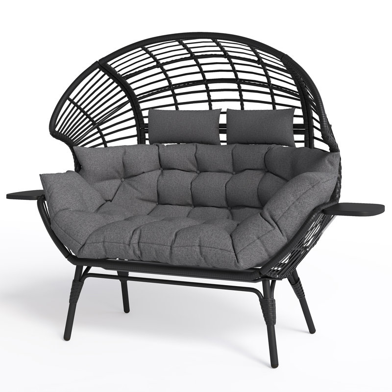 Double Egg Chair Indoor Outdoor Stationary Oversized Thicken Padded Cushions,2 Person Egg Loveseat Chair With Cup Holder& Rain Cover 700lbs,Black