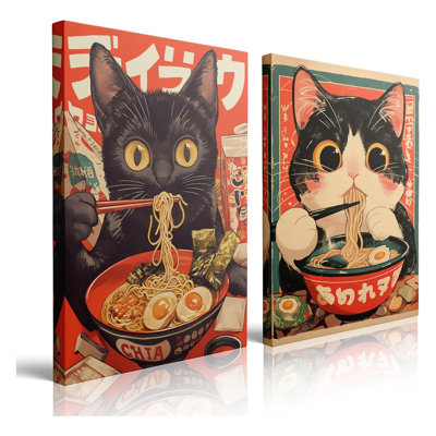 Framed Vintage Japanese Black Cat Eating Ramen Canvas Wall Art Set Of 2, Funny Unique Gifts, Animal Anime Lover Poster For Bathroom Kitchen Dining Decor Ready To Hang (12"X16")