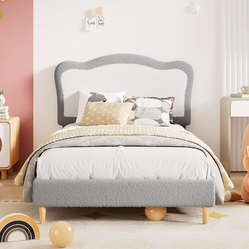Upholstered Twin/Full Bed with Scallop Headboard - Berber Fleece Kids Bed, Noise-Free, No Box Spring Needed, Gray, Twin