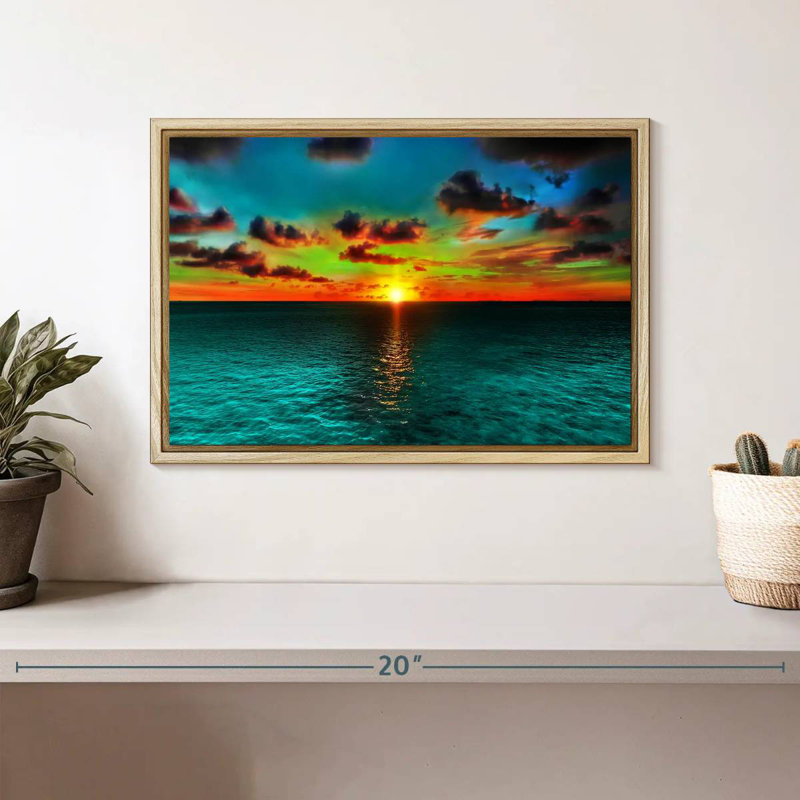 Coucher de soleil et océan, Cadre flottant en bois naturel, 13 po x 9 po