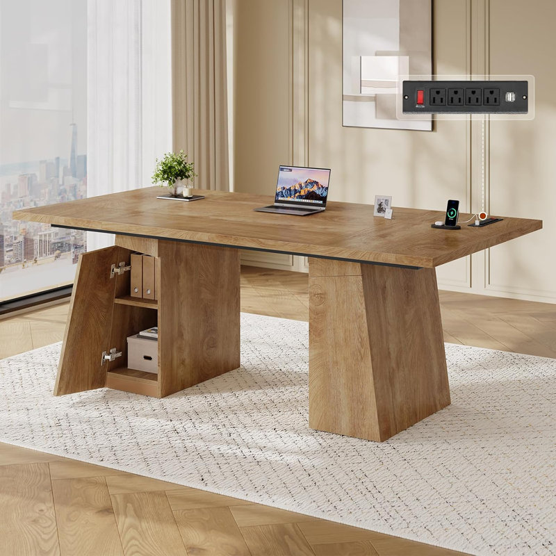 Executive Desk, Modern Home Office Desk With Power Outlets And Storage Cabinet, Conference Table, Oak