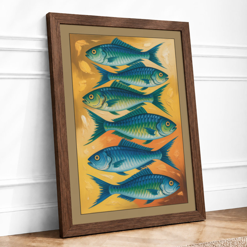 Five Fish Study Botanical - Framed Print, A2 - 59.4 x 42.0 cm, Walnut