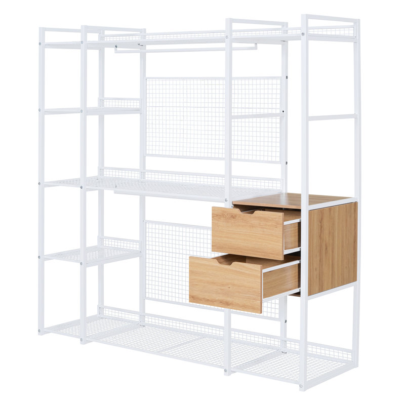 Garde-robe de style ouvert avec rails suspendus, tablettes et tiroirs, Blanc / Blanc