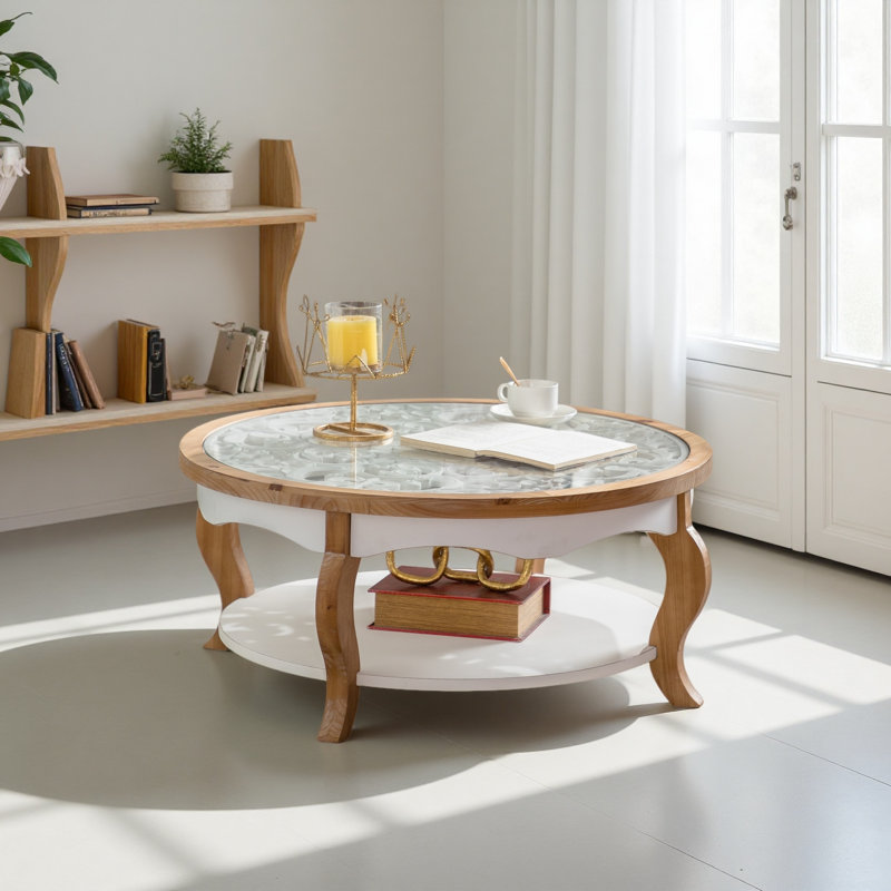 Table basse ronde en bois avec plateau en verre, table centrale circulaire en bois massif avec pieds incurvés et plateau en verre trempé amovible, table basse pour le salon, espace restreint, assemblage facile