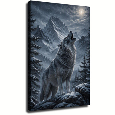 Tableau sur toile, Loup gris hurlant sur un sommet enneigé sous la pleine lune, Paysage d'hiver animalier, Impression d'une peinture pour salon, chambre et décoration intérieure